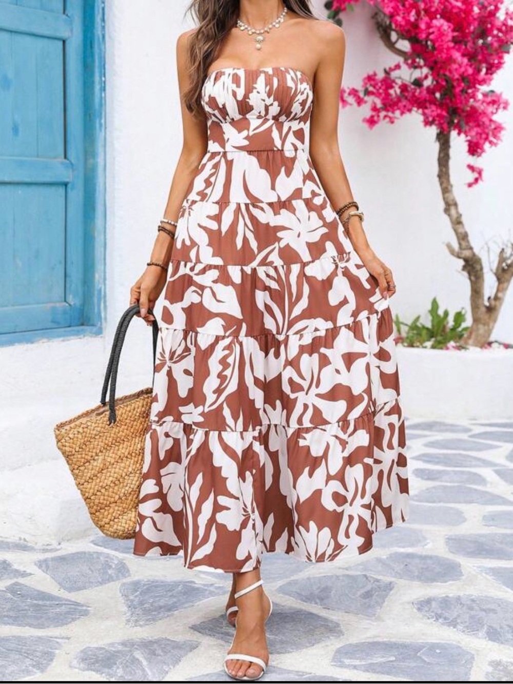 SHEIN Brown & White Strapless Tropical Print Maxi Dress